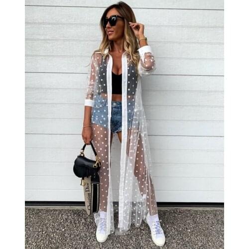 Womans Polka Dot Beach Smock Sexy Lapel Long Sleeve Mesh Perspective Cover Up for Daily Life and Vacation