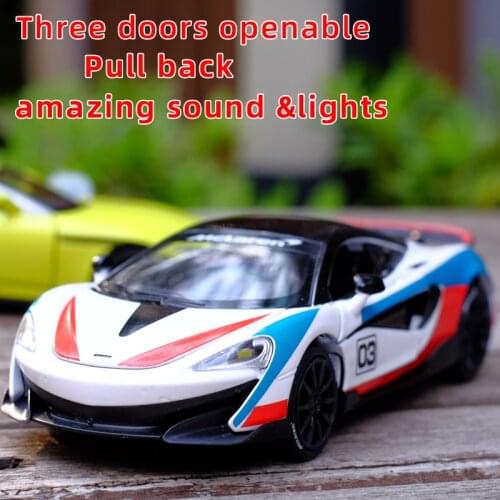 1:32 Mclaren 600LT Pull Back Alloy Sports Car Model Diecast Toy Three doors openable Sound Light Super Racing Collection Model
