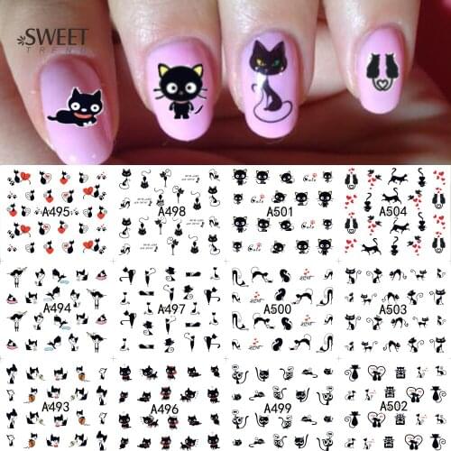 12 Designs in 1 Cute Cat Pattern Watermark Designs Nail Art Stickers Water Transfer Decals Beauty Nails For Decoration LA493-504