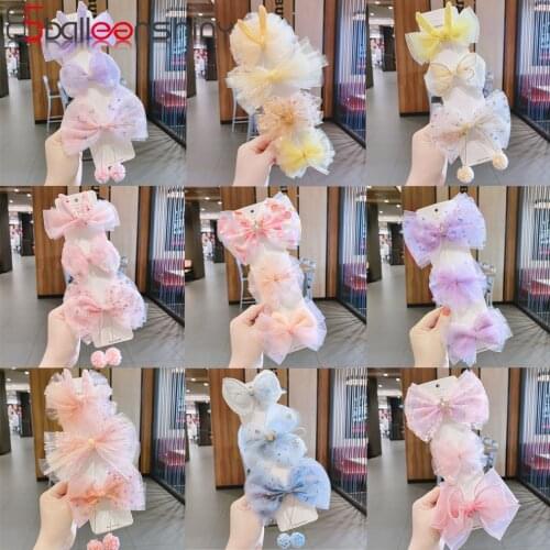 Balleenshiny 3/4pcs Chiffon Hair Bows Clips for Girls Dots Bunny Ear Ball Kid Hairpins Barrettes Flowers Sweet Hair Accessories