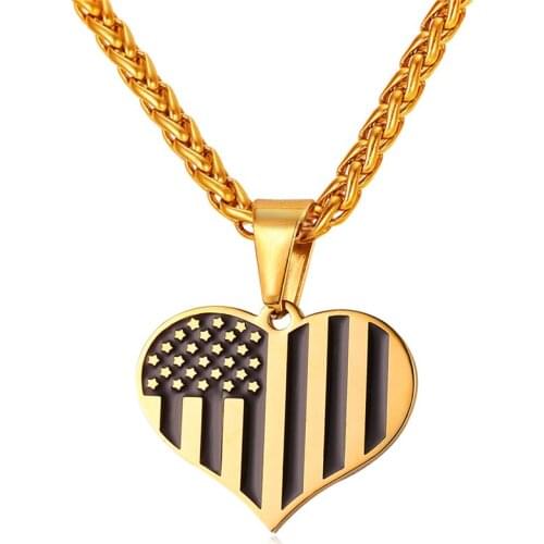US Flag Necklace Women With Heart Shape Pendant Gold Color Stainless Steel American Sign Necklaces Pendants Men Jewelry P131