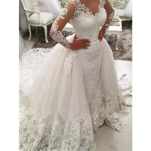 Ball Gown V-neck Long Sleeves Cathedral Train Applique Lace Tulle Wedding Dresses Custom Made Bridal Bride Gown