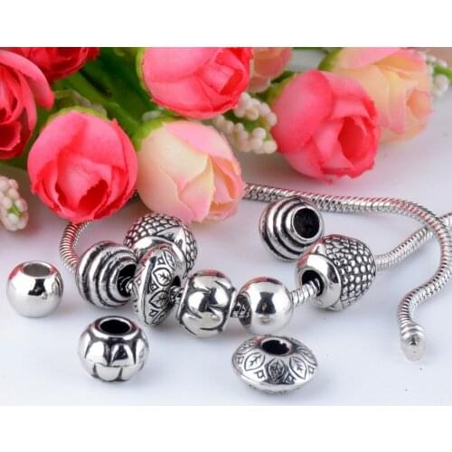 Free Shipping! 50PCs Mixed Antique Silver Acrylic Big Hole Beads Spacers Beads Fit European Charm Jewelry J2425