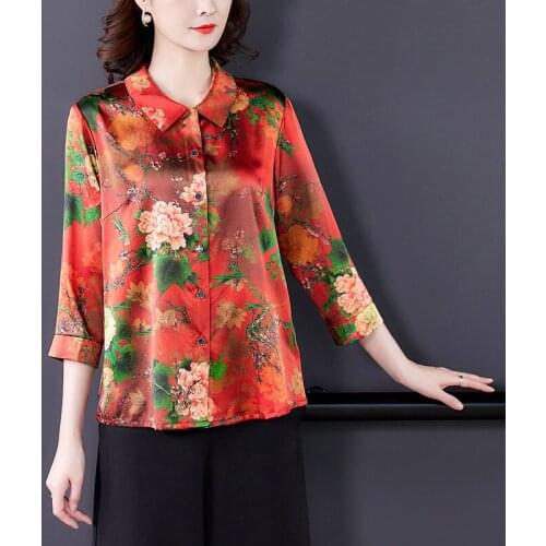 2021 Summer Vintage Satin Print Mulberry Silk Shirts Spring Casual 4XL Plus Size Tops and Blouses Women Elegant Bodycon Blouses