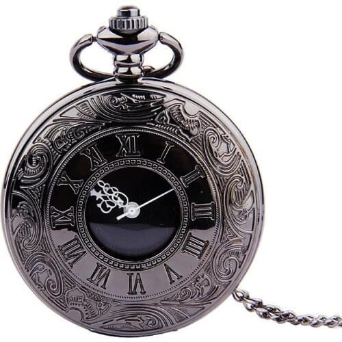 Fob Pocket Watch Vintage Roman Numerals Quartz Watch Clock With Chain Antique Jewelry Pendant Necklace Gifts Black