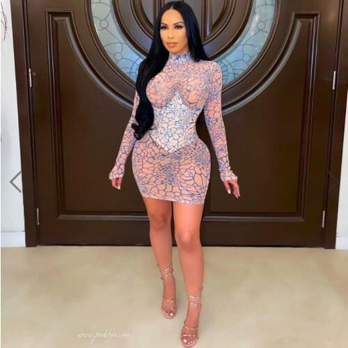 2021 Summer Women Blue Color Long-Sleeved See-Through Red Sexy Nightclub Party Bar Dress