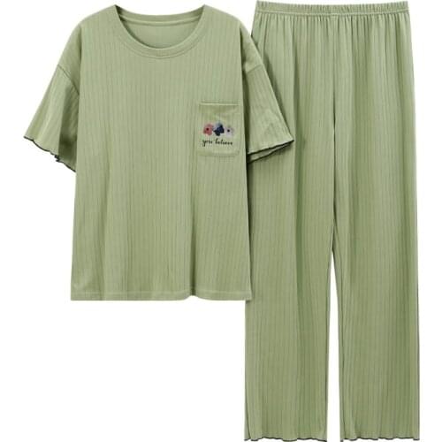 Summer Autumn Ladies Cotton Short Sleeve Nightdress Pajamas Trouser Green Suit Thin Section Home Service Set Woman Clothes