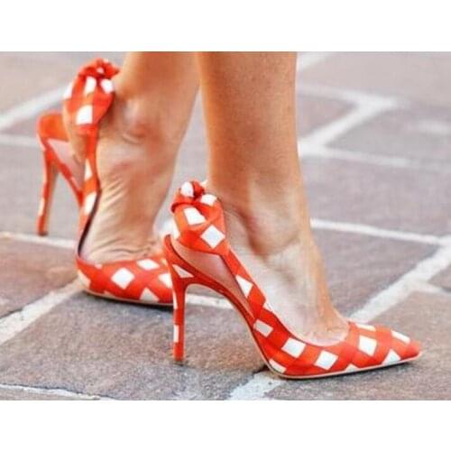 Sweety Back Bowtie Embellished Grid High Heels Dress Wedding Shoes Woman Pointed Toe Slip-on Girls Female Mixed Color Shoes
