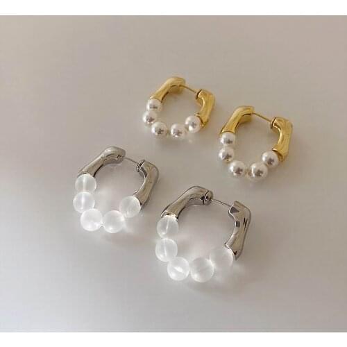 Fashion Metallic Pearl Transparent Beads Geometric Earrings For Women Personality Statement New Jewelry Earings