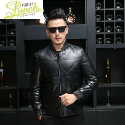 Men Winter Bomber Leather Jacket Real Sheepskin Coat Duck Down Baseball Jackets Plus Size Jaqueta De Couro 18017 YY641