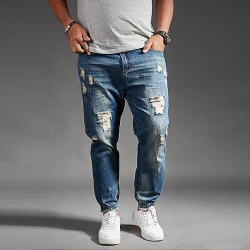2021 Mens Jeans Spring and Autumn New Mens European and American Torn Loose Harem Pants Washed Denim Trousers Large Size 46 48