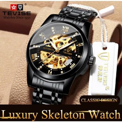 TEVISE 2020 Mens Mechanical Watch Black Gold Roman Numbers Stainless Steel Skeleton Luxury Watches Male Relogios Masculinos