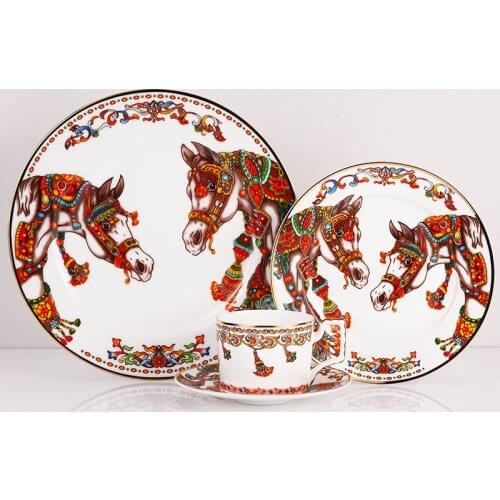 Ceramic High-grade Gold Edge Bone China Dinnerware Plates Set Horse Steak Dishes Porcelain Tableware Set Cup Saucer