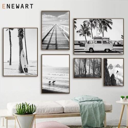 Mountain Foggy Forest Picture Nature Scenery Wall Art Black White Travel Bus Poster Nordic Ocean Landscape Canvas Painting Decor