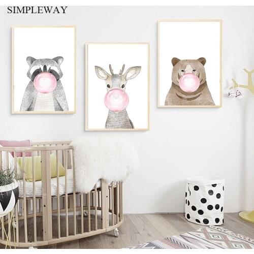 Woodland Animal Pink Bubble Canvas Poster Giraffe Bear Wall Art Nursery Print Painting Nordic Kids Pictures Room Decoration