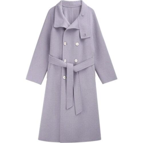 New Galaxy Single Sided Woolen Coat Fashionable Stand Up Collar Double Breasted Belt Women Mid Length Woolen Coat 2020 Winter