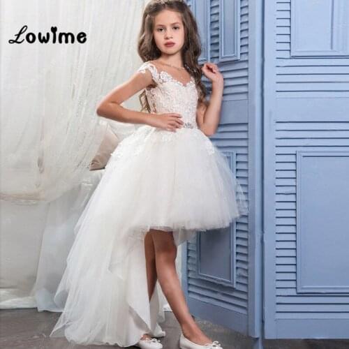 Princess Hi Lo First Communion Dresses For Girls Graduation Gowns Children Appliques Beaded Flower Girls Dresses Cheap