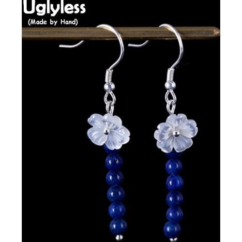 Uglyless Real 925 Sterling Silver Fine Jewelry Natural Shell Flower Earrings Beading Lapis Balls Dangle Earrings Ethnic Brincos