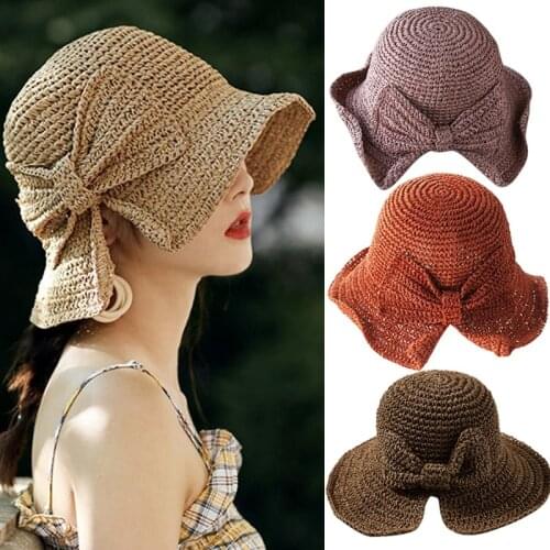 Parent-child Raffia Bow Sun Hat Wide Brim Floppy Summer Hats for Women Beach Panama Straw Dome Bucket Hat Visor Hat Gorros Mujer