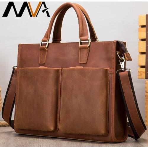 MVA Crazy Horse Leather Bag Cowhide Genuine Leather Bag Large Laptop Briefcase Men Vintage Male Briefcase Bags Executive For Man