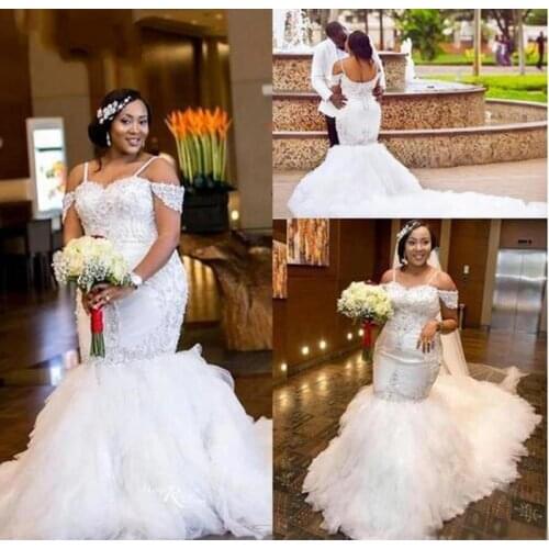 South African Mermaid Wedding Gowns Applique Lace Rullfe Black Girls Women Custom Made Bridal Dress Handmade