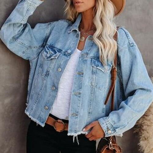 Womens Denim Jackets Loose Casual Fashion Ladies Jacket Coats Turn Down Collar Button Frayed Autumn Spirng Outwear 2021 Retro