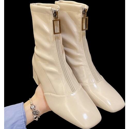 Women Modern Boots Fashion Female Square Toe Med Heels Shoes New Zipper Shoes Autumn Winter Ladies Ankle Short Chelsea Boots