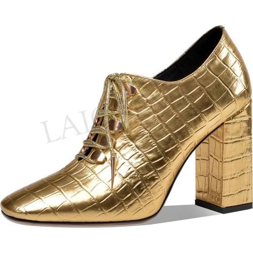 BERZIMER Quality Women Heels Metallic Crocodile Block Chunky Heel Pumps Dress Female Zapatos Lady Shoes Woman Size 33 38 39 43