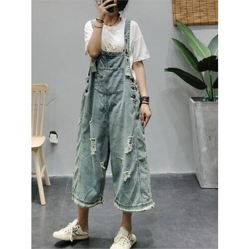 Large size Jumpsuits Women 2021 Summer Retro Loose All-match Rompers Ladies New Casual Vintage hole Denim Jumpsuits