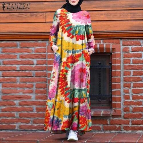 ZANZEA Women Muslim Ruffle Dresses Vintage 2021 Spring Autumn Elegant Printed Sundress Casual Long Sleeve Vestidos Ladies Robe