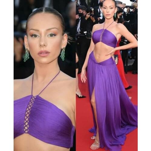 Sexy Long Halter Purple Celebrity Dresses with Slit Sweep Train Pleated Chiffon Abendkleider Robes de Soirée for Women