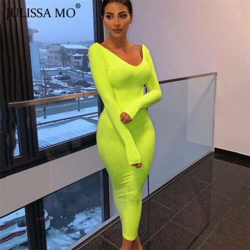 Julissa Mo Autumn Ribbed Knitted Sexy V-Neck Bodycon Dress Women Off Shoulder Long Dress Black Long Sleeve Slim Party Vestidos