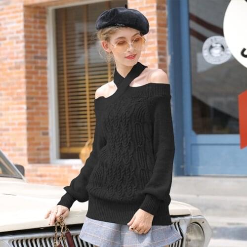 European And American Womens One Line Collar Sexy Knitted Dress Slim Fitting Lantern Sleeve Medium Length Sweater