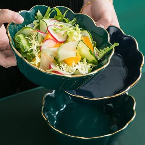 1pcs Ceramic Bowl Gold Side Nordic Style Bowl Fruit Salad Noodle Rice Bowl Fruit Bowl Handicraft Decoration Creative Tableware