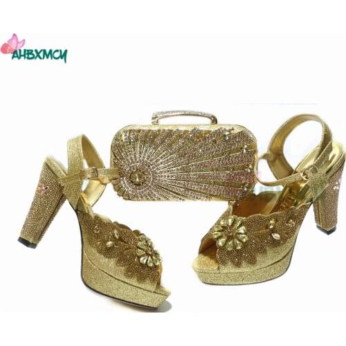 2021 Elegant Style New Coming Pretty Women Shoes and Bag Set in Golden Color High Quality with Shinning Crystal for Party