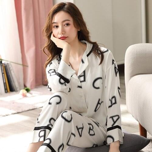 2021 New Summer Imitation Silk Satin Pajamas Sets for Women 2 Pcs Letter Pattern Pyjamas Suit Sleepwear Cool Home Clothes PJ