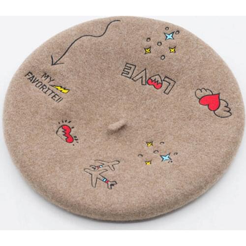 Winter Aircraft Love Pattern Embroidered Wool Beret Ladies Leisure Wild Cartoon for Women Painter Hat Gift Female Elegant Beret