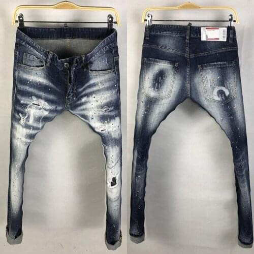 Fashion Streetwear Men Jeans Retro Blue Slim Fit White Wash Patchwork Ripped Jeans Men Painted Designer Hip Hop Denim Punk Pants