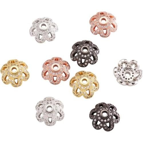 Environmental 6-Petal Flower Brass Micro Pave Cubic Zirconia Bead Caps Lead Free & Nickel Free Mixed Color 11x4.8mm, Hole:1