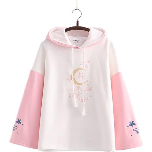 Fleece Women Hoodies Floral Embroidery Hooded Sweatshirts 2021 Winter Flare Sleeve Sweet Style Female Plus Velvet Thick Pullover