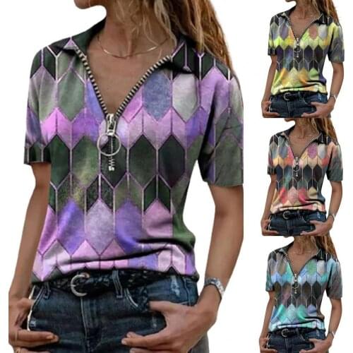 New Stylish T-shirt Geometric Shape Print Short Sleeve Top Fashion Women Zipper Blouse for Summer Tops