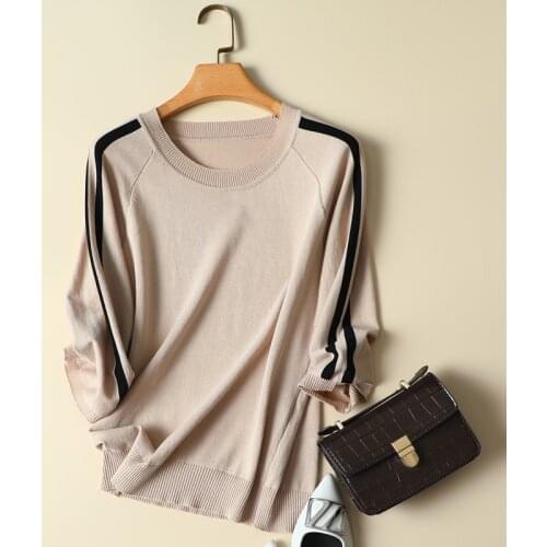 Thin Patchwork Women T-Shirts 2021 O-Neck Short-Sleeved Loose Knitted Pulls Tops Tees Fashion Outwear Coat Tops