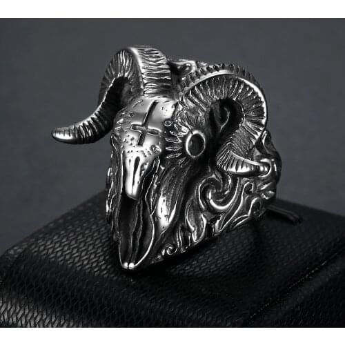 Cool Fashion Cross Ram Skull Ring 316L Stainless Steel Mens Motorcycles Biker Zombie Vampire Cross Skull Ring