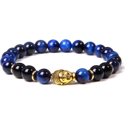 Men Bracelet Natural Stone lapis lazuli Blue Tiger Eye Beads Bracelet Fashion Gold Buddha Head Charm Bracelet Prayer Jewelry Mal