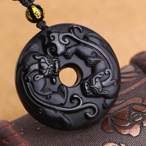 Natural light Black Obsidian Double pendant jewelry necklace and a domineering brave lucky evil to help transport