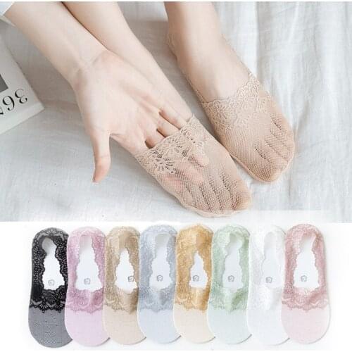 Summer Socks Women Girls Fashion Lace Flower Short Socks Silicone Non-slip Invisible Ankle Socks Mesh Thin Transparent Boat Sox