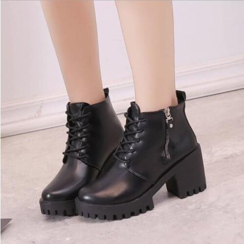 Autumn Shoes Women Ankle Boots Zipper Square High Heels Lace Up Platform Female Short Plush Boot Ladies Winter Footwear