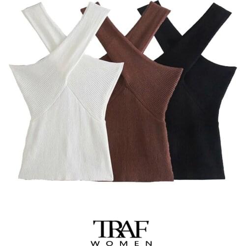 TRAF Za Women Sexy Fashion Cross Straps Knitted Tank Tops Vintage Strapless Slim Fitted Female Camis Chic Tops