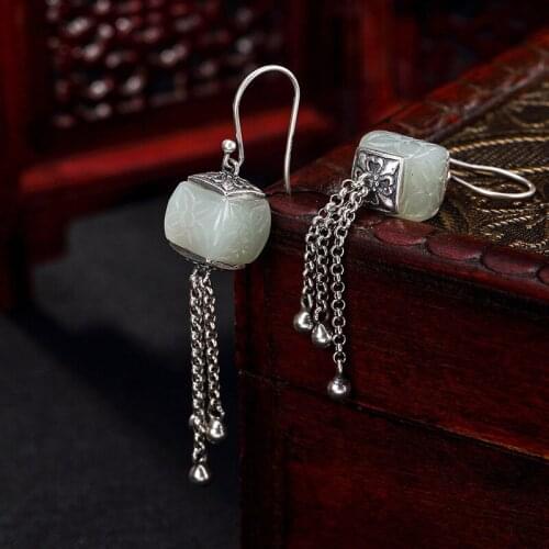 925 silver restoring ancient ways is hetian Mosaic pattern tassel ms high-grade pendant earrings