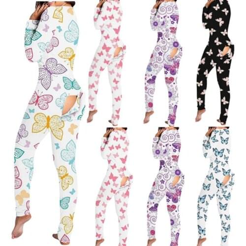Stand-alone Hot Style Jumpsuit Sexy Womens Printed Onesies Button-down Open Ass Functional Button Flap Adult Pajamas V-neck